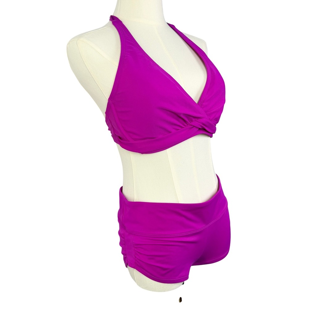 Athleta Magenta Purple Halter Twist Bikini Top 34 D/DD and Boy Short Bottoms Set - Picture 12 of 12
